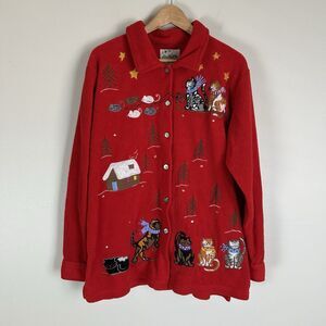 Quacker Factory Cardigan Womens L Red Crazy Cat Lady Embroidered Sweater Mice